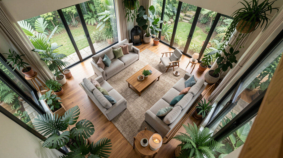 Biophilic living room — overhead