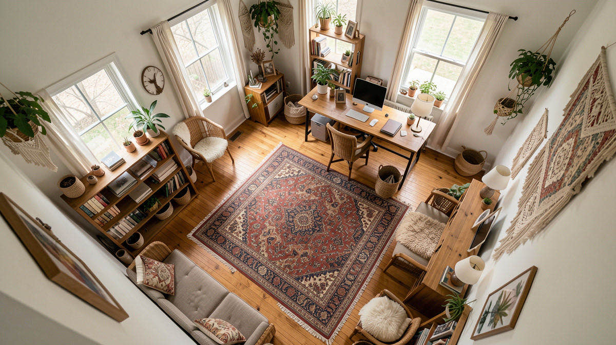 Boho home office — overhead