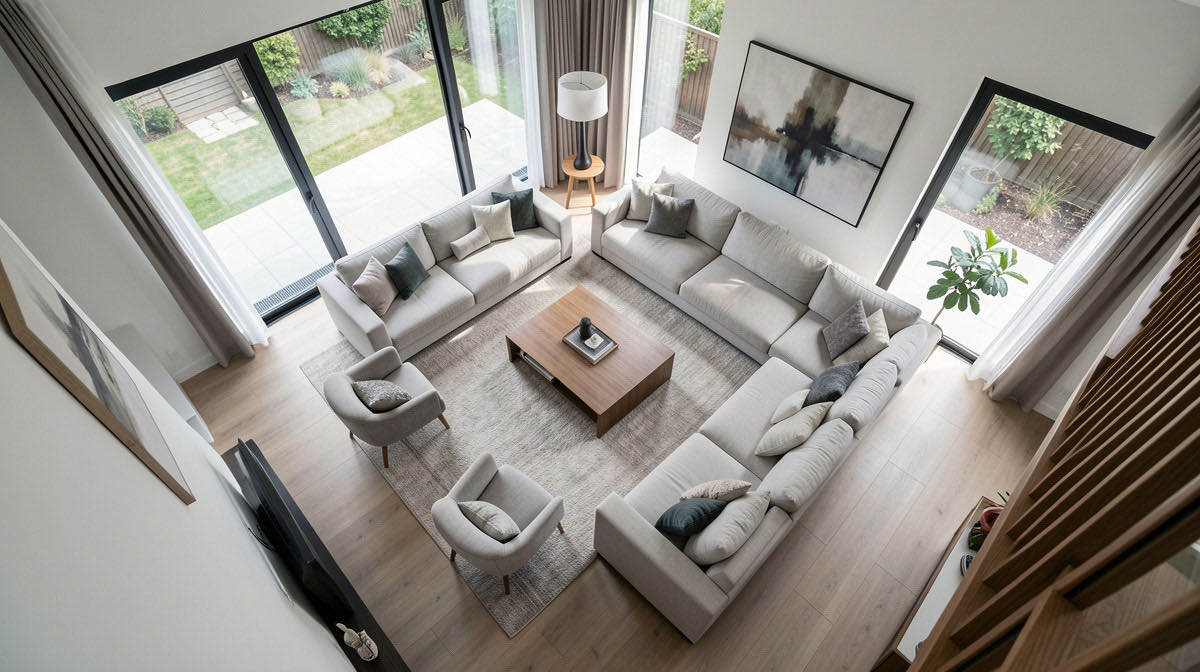 Contemporary living room — overhead