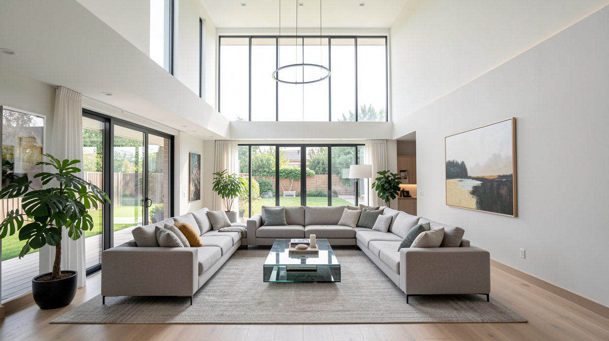 Contemporary living room — wide
