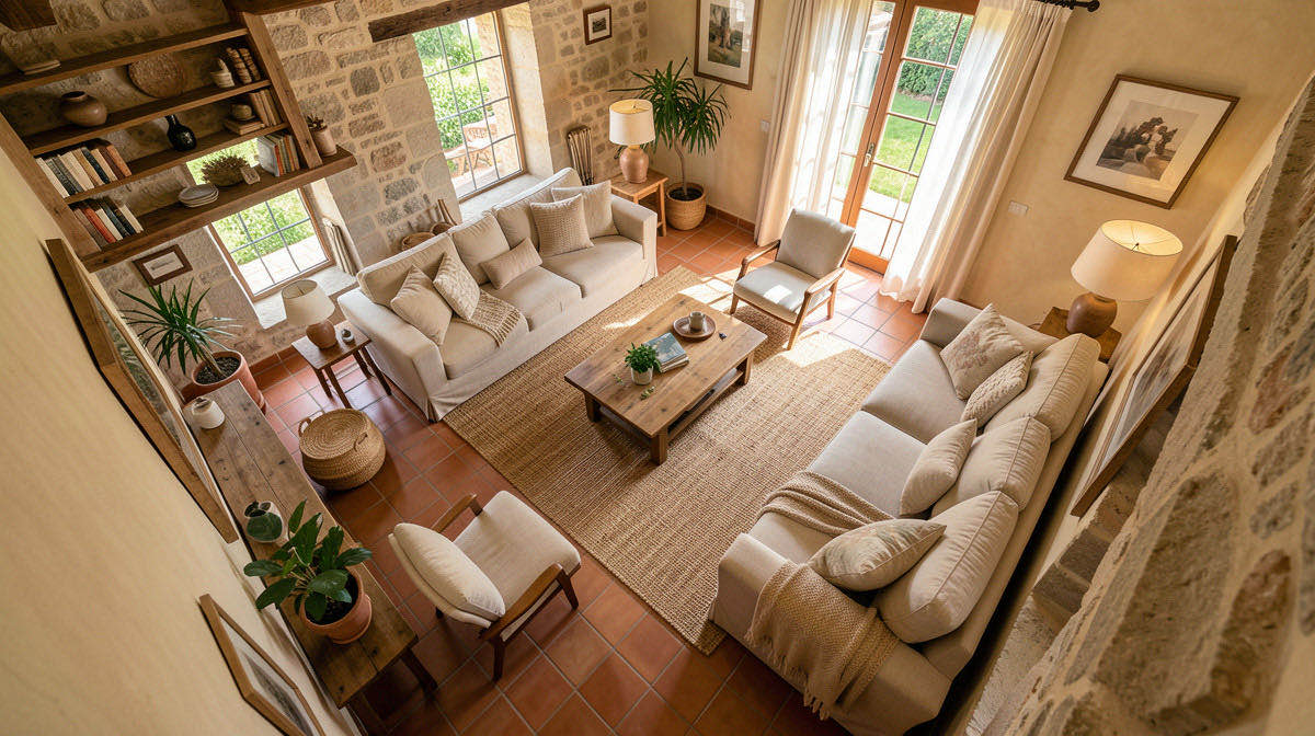 Mediterranean living room — overhead