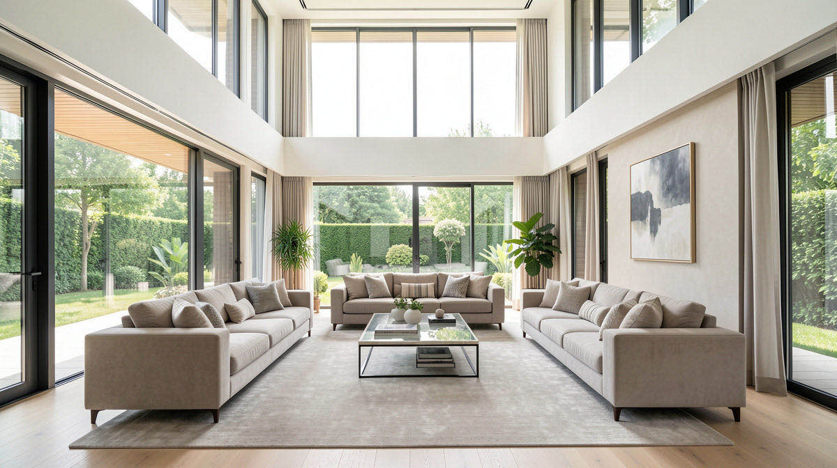 Quiet Luxury living room — wide