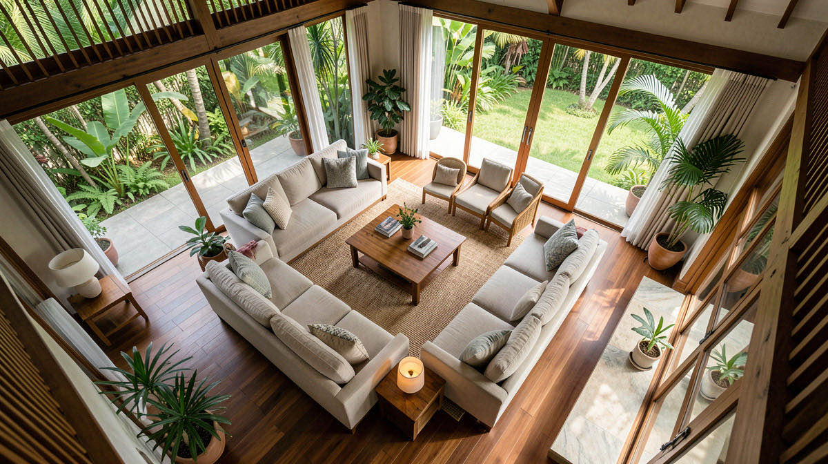 Tropical living room — overhead