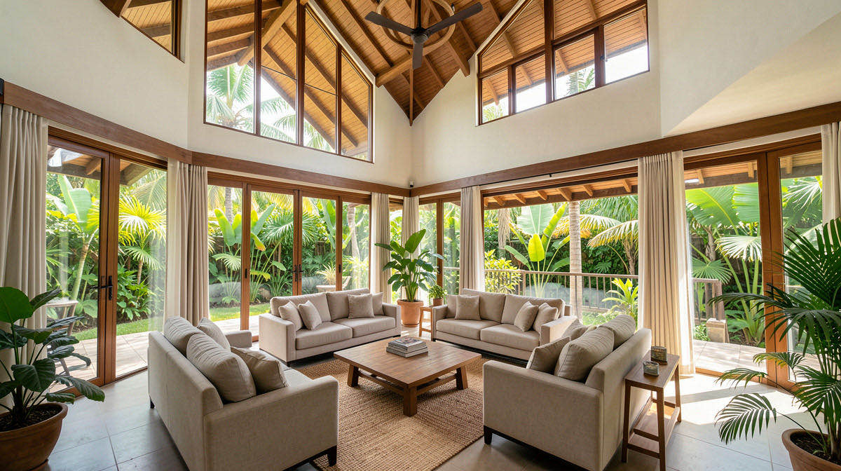 Tropical living room — wide