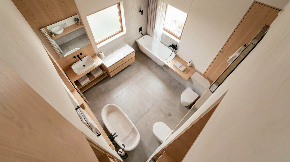 Warm Minimalism bathroom — overhead