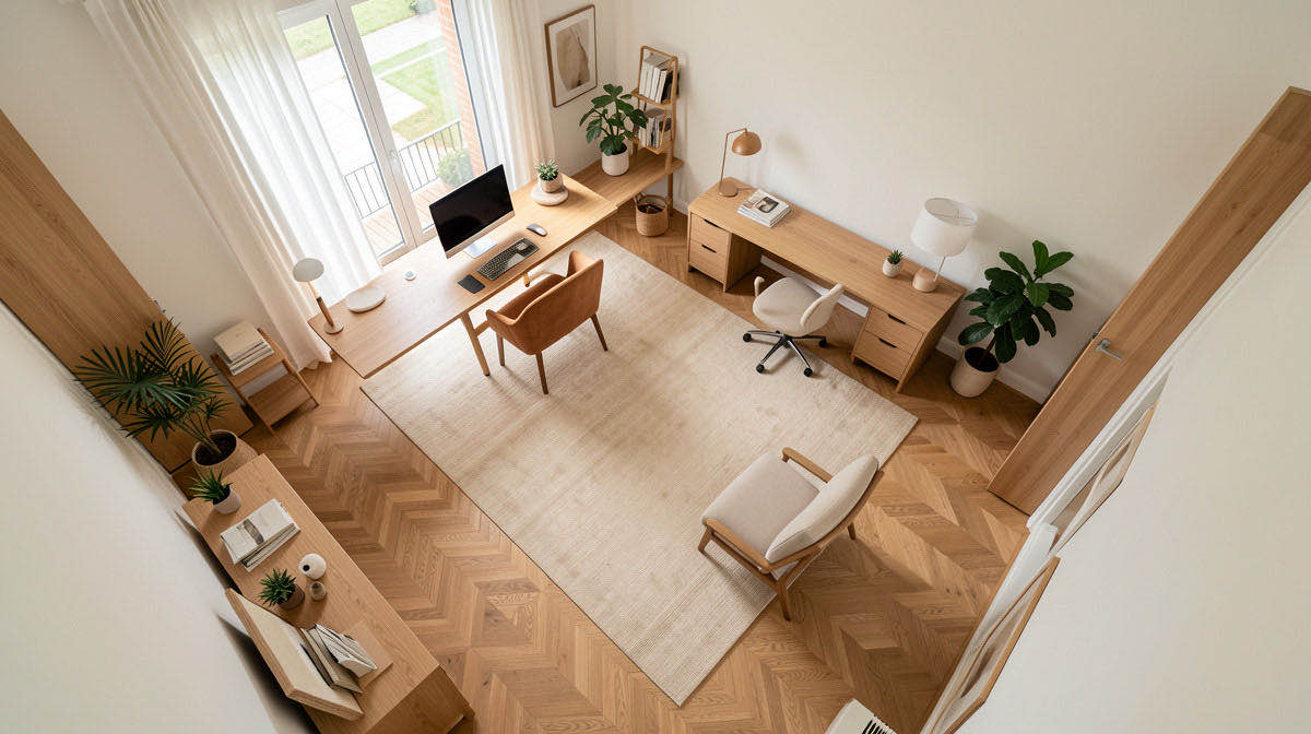 Warm Minimalism home office — overhead