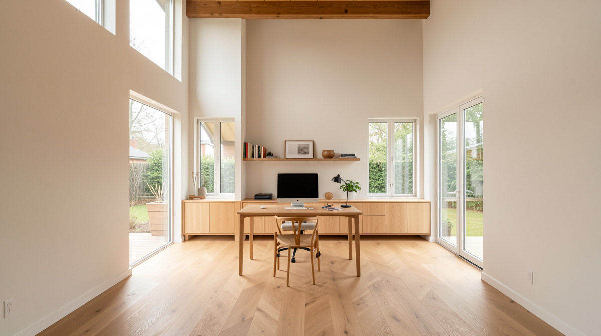 Warm Minimalism home office — wide
