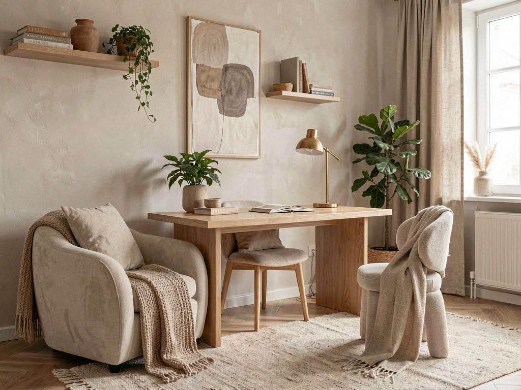 Warm Minimalism home office — room view
