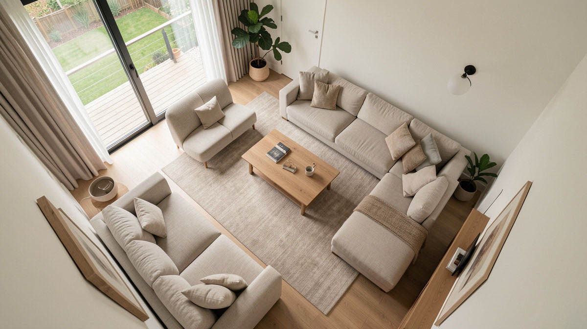 Warm Minimalism living room — overhead
