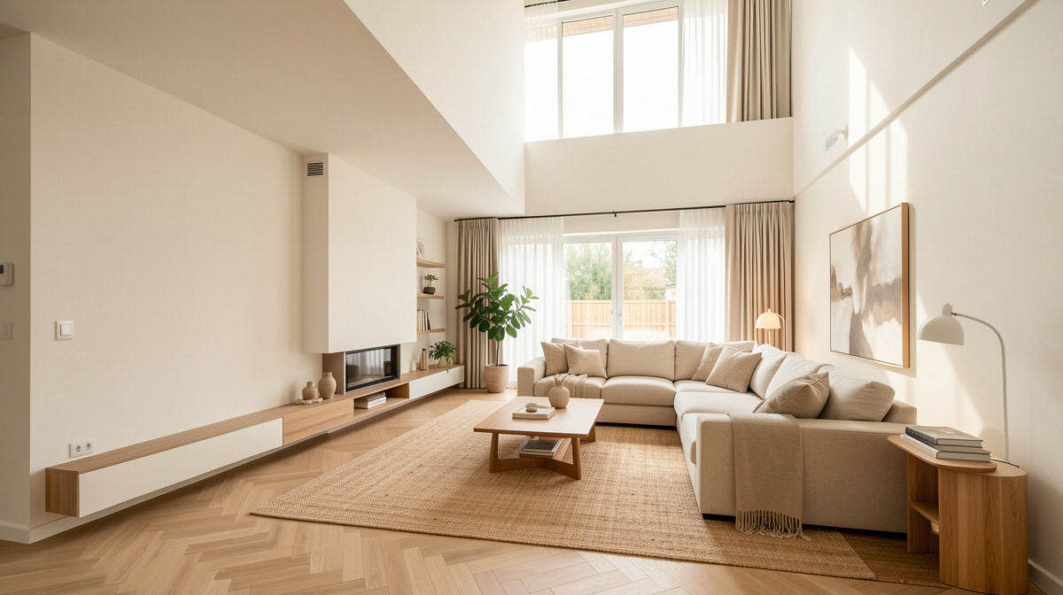 Warm Minimalism living room — wide