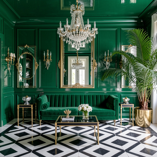 Hollywood Regency Office with wall of built-in shelving